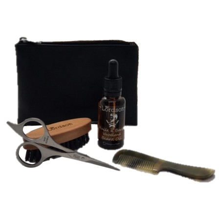 Trousse barbier petit modèle : ciseaux moustache, huile, brosse, peigne LORDSON